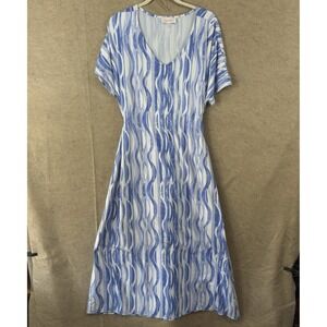 Stan Herman Caftan Dress Womens Sz L Blue Waves Pockets Tie Waist Brushed Jersey